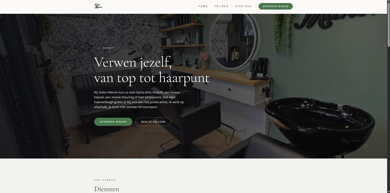 De vernieuwde homepage van Salon Manon